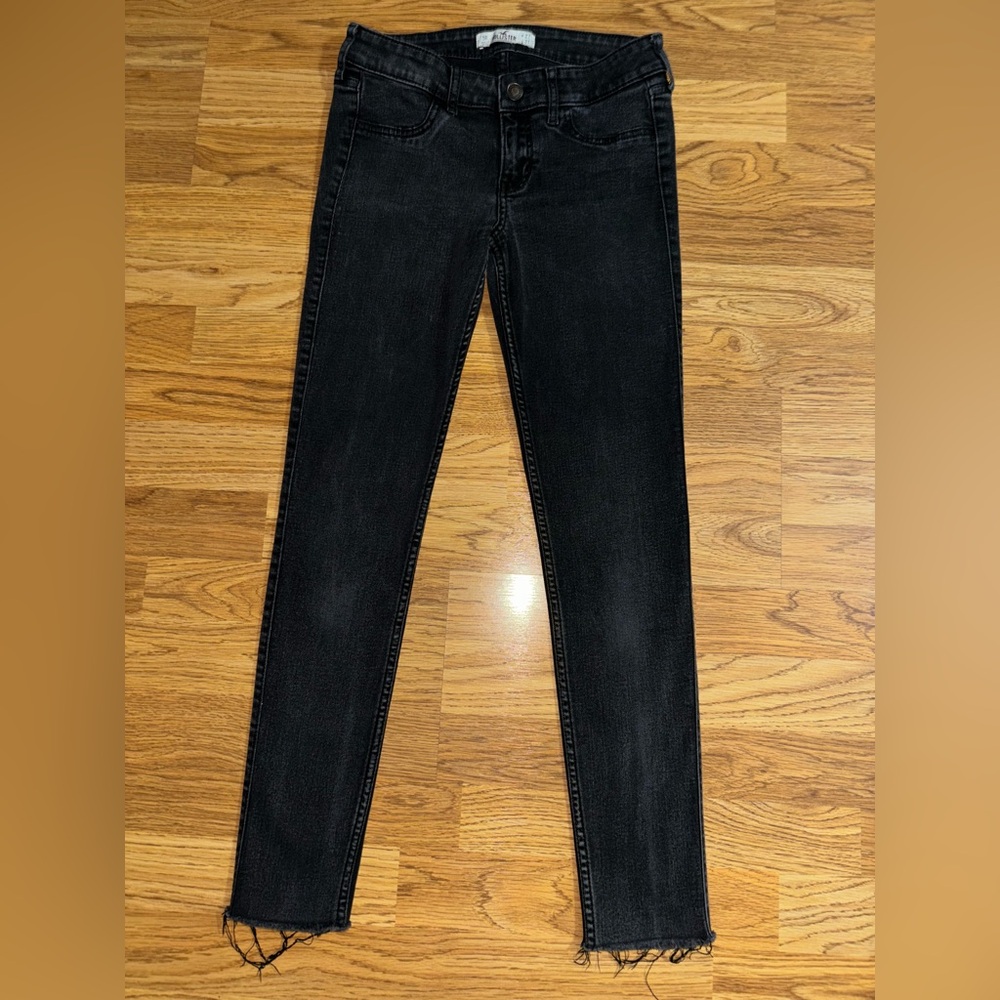 Hollister Faded Black Denim Raw Hem Skinny Jeans Juniors Size 5R Waist 27